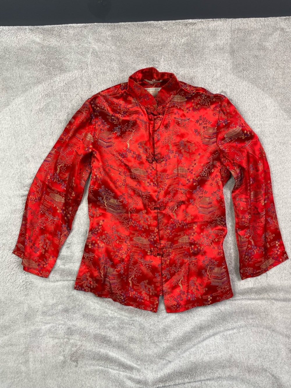 Peony Brand Shanghai Red Satin Pagoda Floral Brocade Jacket Top-Mandarin Collar